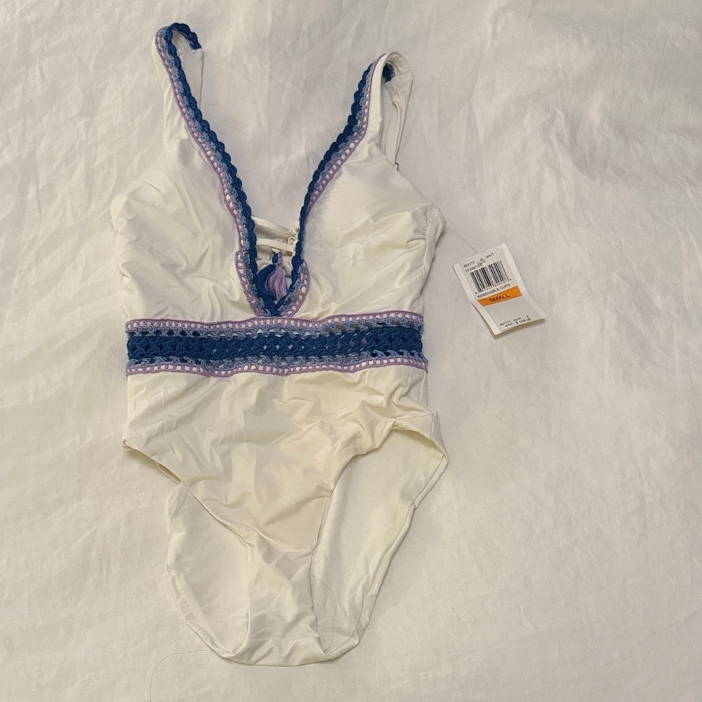 BECCA Cream and Blue One-Piece Swimsuit